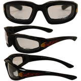 Birdz Eyewear Oriole Padded Motorcycle Glasses with Flame Design