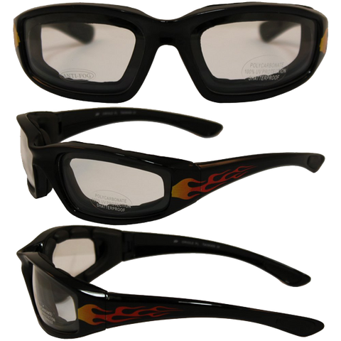 Birdz Eyewear Oriole Padded Motorcycle Glasses with Flame Design