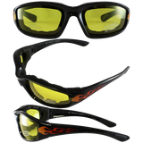 Birdz Eyewear Oriole Padded Motorcycle Glasses with Flame Design