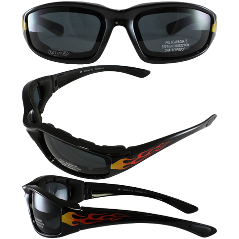 Birdz Eyewear Oriole Padded Motorcycle Glasses with Flame Design